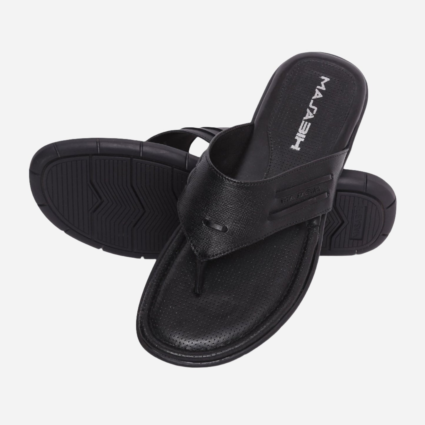 MASABIH Geniune Leather Soft I Print Black Color modern thong sandals for Mens