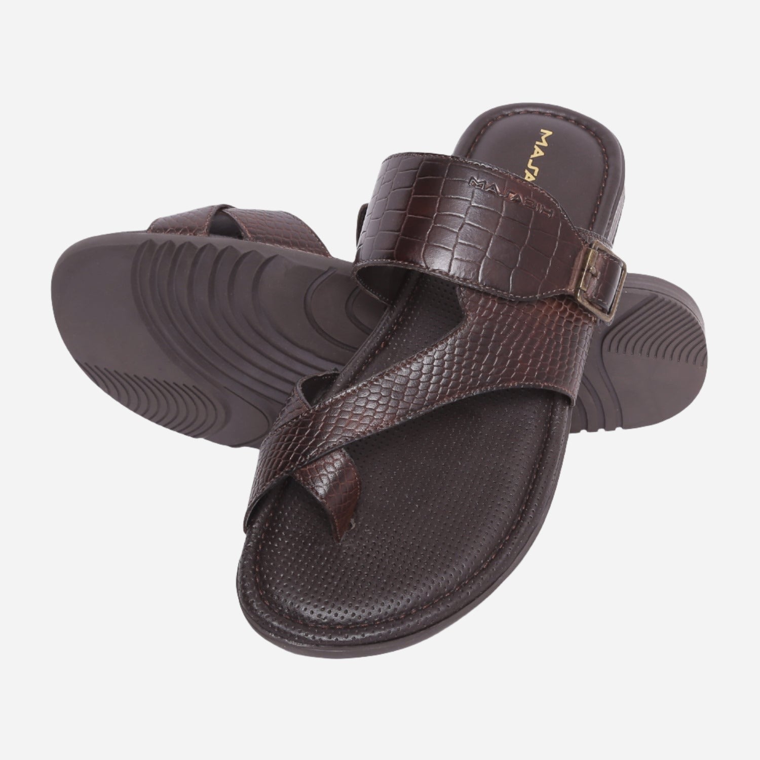 MASABIH Geniune Leather Soft KROOS / SISSY Print Brown Color modern Buckle thong sandals for Mens