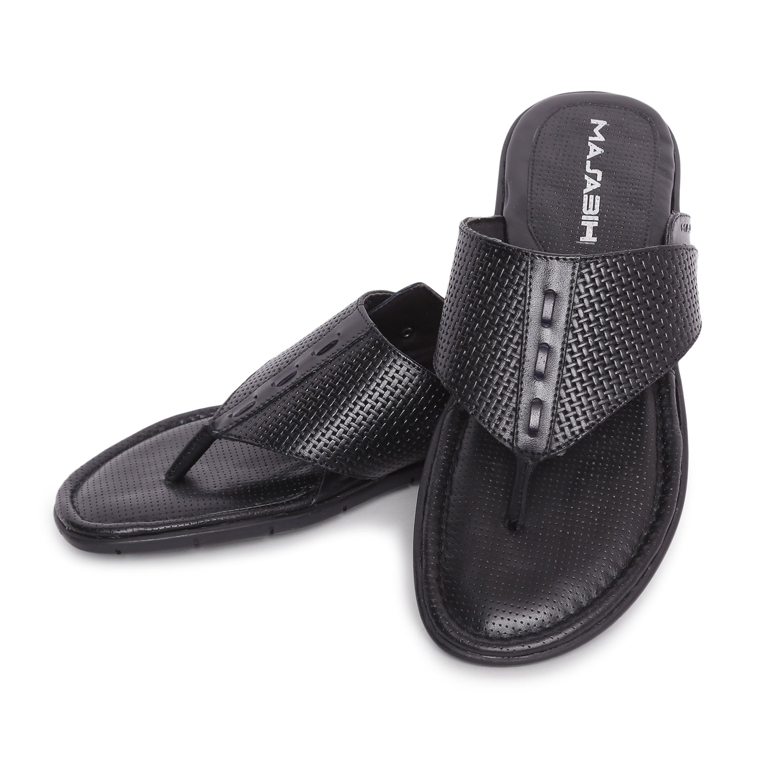 MASABIH Geniune Leather Soft Weavy Print Black / Navy Color modern thong sandals for Mens