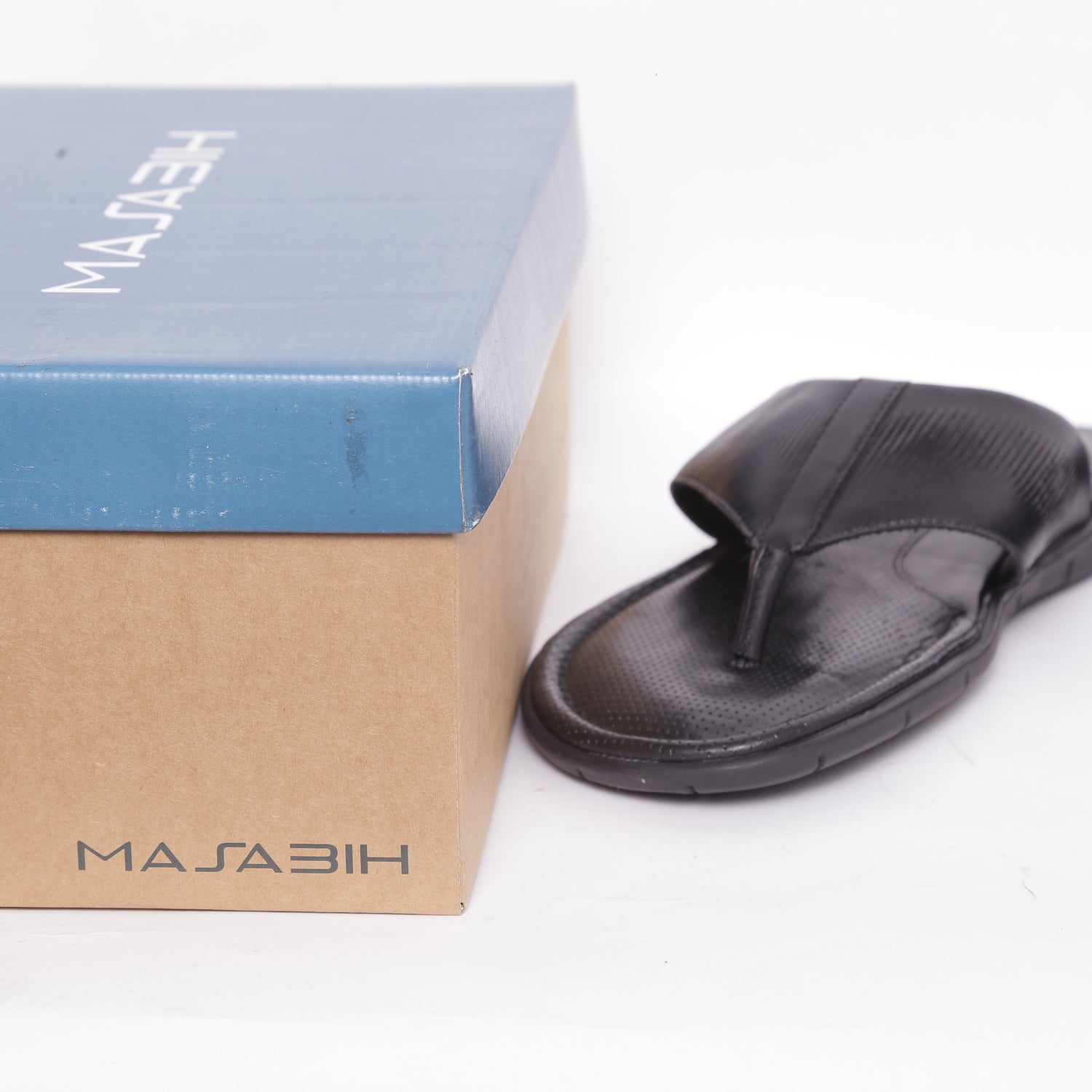 MASABIH Geniune Leather Soft small line Print Black Color modern thong sandals for Mens
