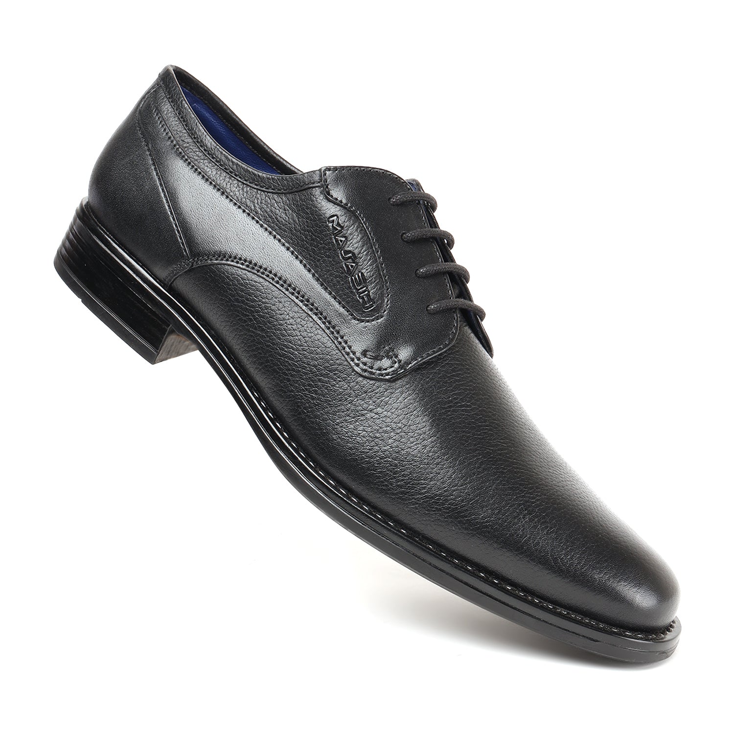 MASABIH GENUINE MILLED BLACK LEATHER DERBY LACE UP SHOES FOR MEN